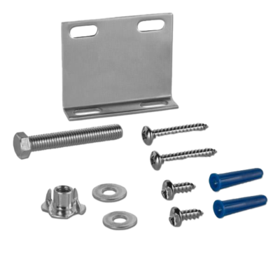 Stainless steel l bracket with blue plastic anchors and stainless screws bolts and washers.