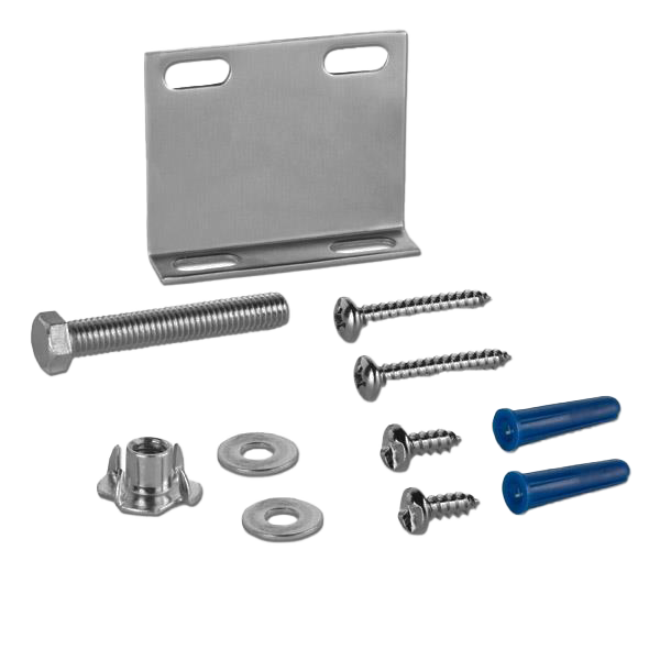 Stainless steel l bracket with blue plastic anchors and stainless screws bolts and washers.