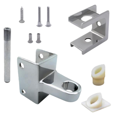 Polished chrome hinges with plastic inserts and stainless screws.