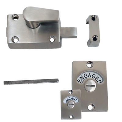 Stainless steel latch with vacant or engaged indicator.