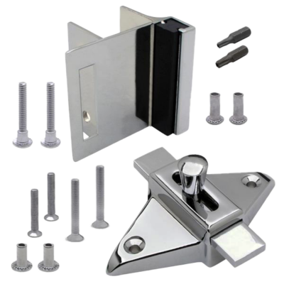 Polished chrome slide latch and keeper with stainless screws and metal screwdriver adapters.