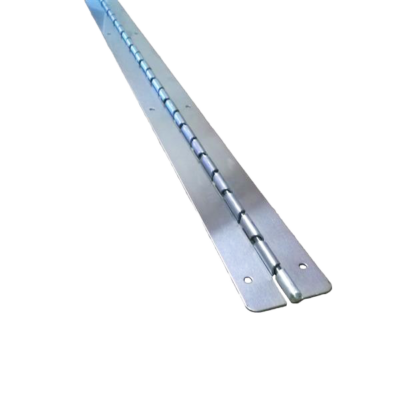 Satin stainless steel piano hinge with screw holes.