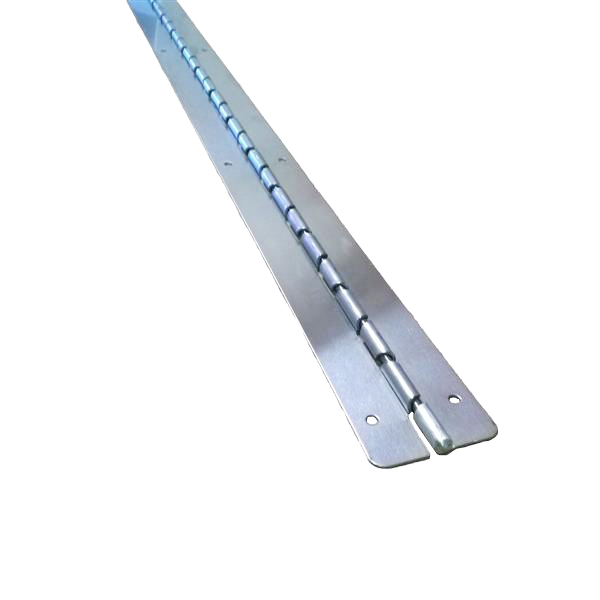 Satin stainless steel piano hinge with screw holes.