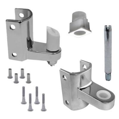 Polished chrome hinges with plastic inserts and stainless screws.