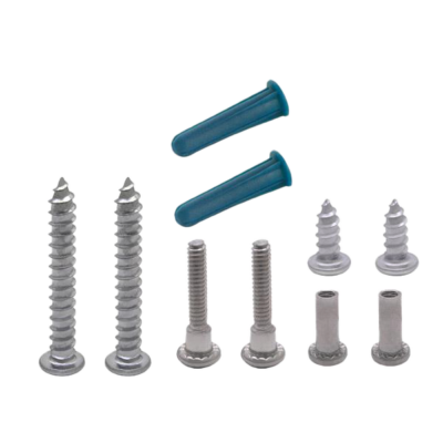 Stainless steel screws with blue plastic wall anchors.