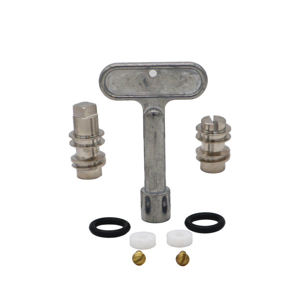 Die cast tee handle with stainless stem black rubber o-rings white washers and brass screws.