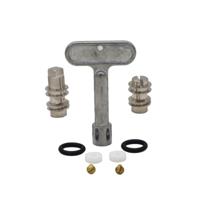Die cast tee handle with stainless stem black rubber o-rings white washers and brass screws.