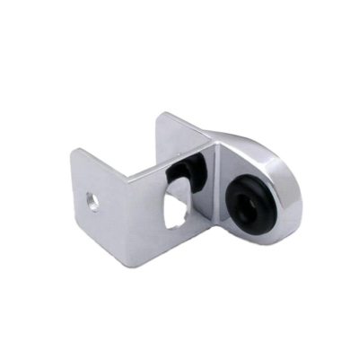 Polished chrome strike keeper with black rubber bumper.