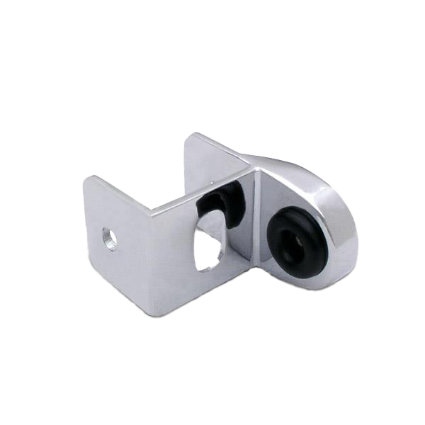 Polished chrome strike keeper with black rubber bumper.