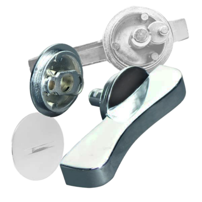 Polished chrome lever handle for partition doors.