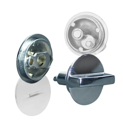 Polished chrome toilet partition door knob set.