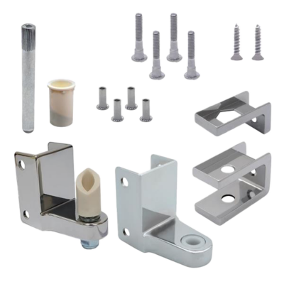Polished chrome hinges & brackets with plastic dowels and stainless screws.