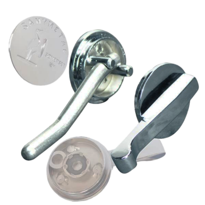 Polished chrome door latch with lever handle.