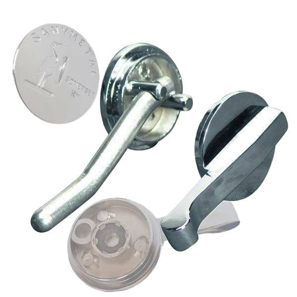 Polished chrome door latch with lever handle.