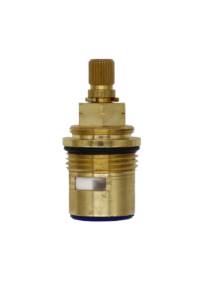 Bright brass cartridge with white ceramic discs black rubber o-ring and blu bottom seal.