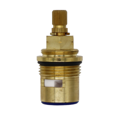 Bright brass cartridge with white ceramic discs black rubber o-ring and blu bottom seal.