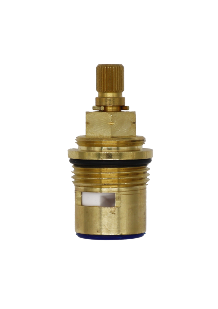 Bright brass cartridge with white ceramic discs black rubber o-ring and blu bottom seal.
