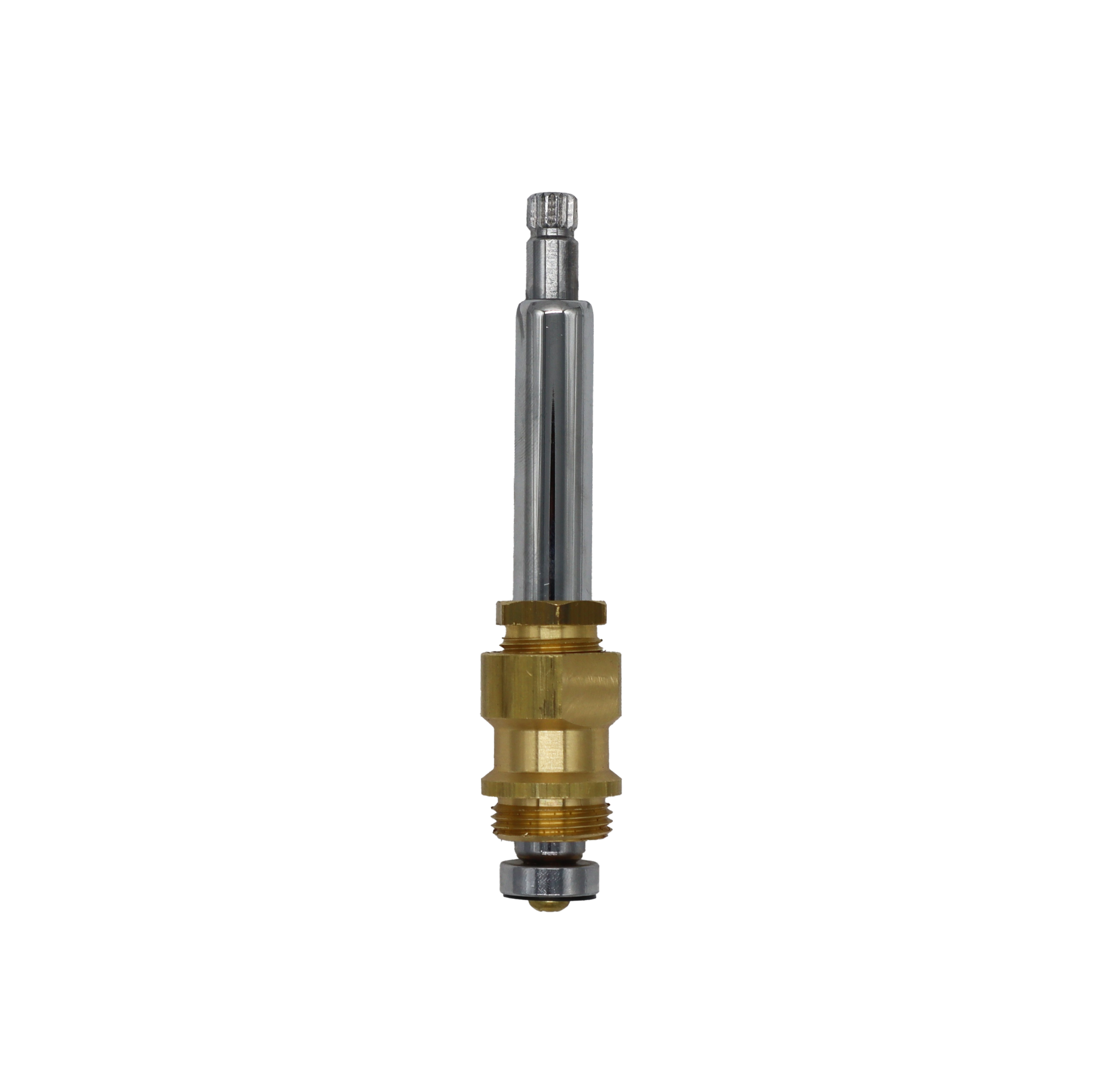 Polished chrome stem and sleeve sith bright brass body black rubber washer and brass screw.