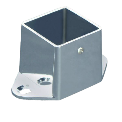 Polished chrome pilaster shoe with screw holes.
