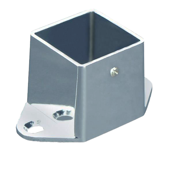 Polished chrome pilaster shoe with screw holes.