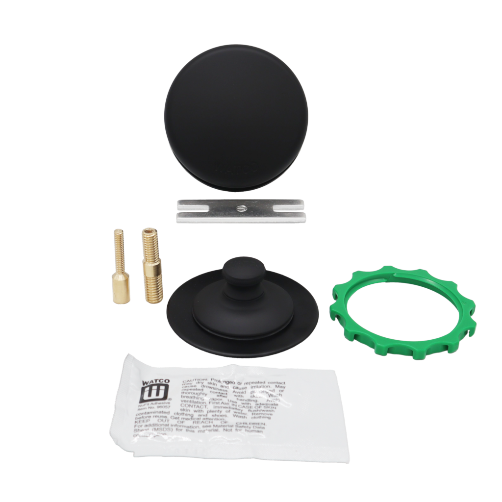 Matte black drain and over flow with brass screws and silicone pack.
