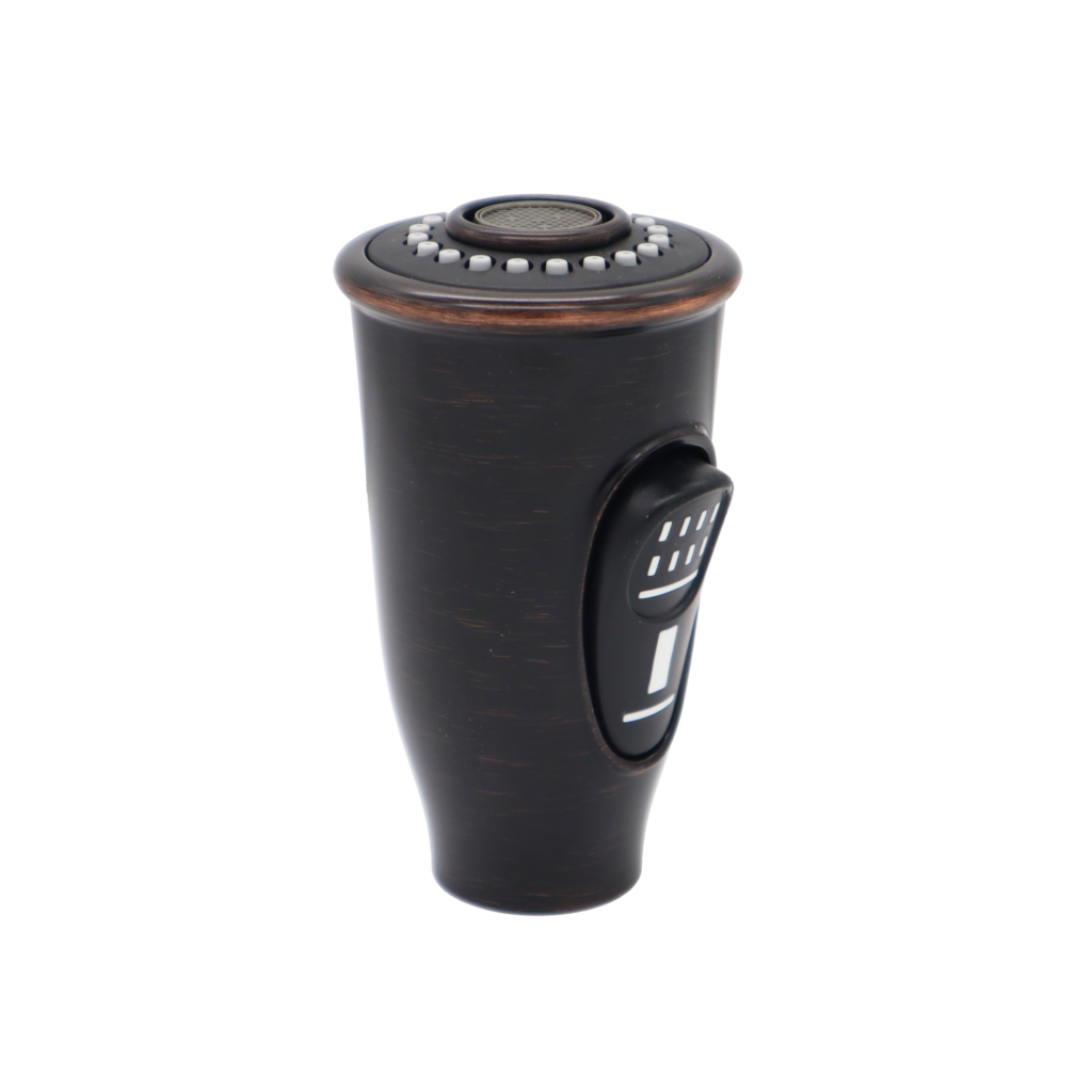 Tuscan bronze spray head with black plastic dual function button and black and grey spray face.