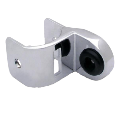 Polished chrome strike keeper with black rubber bumper.