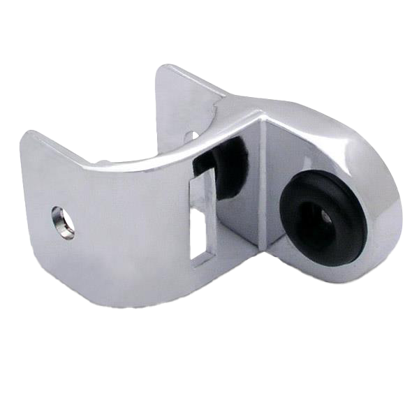 Polished chrome strike keeper with black rubber bumper.