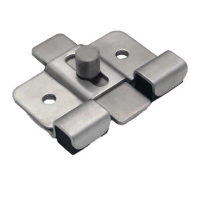 Stainless steel surface latch with screw holes.