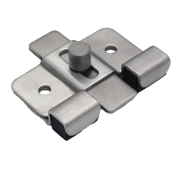 Stainless steel surface latch with screw holes.
