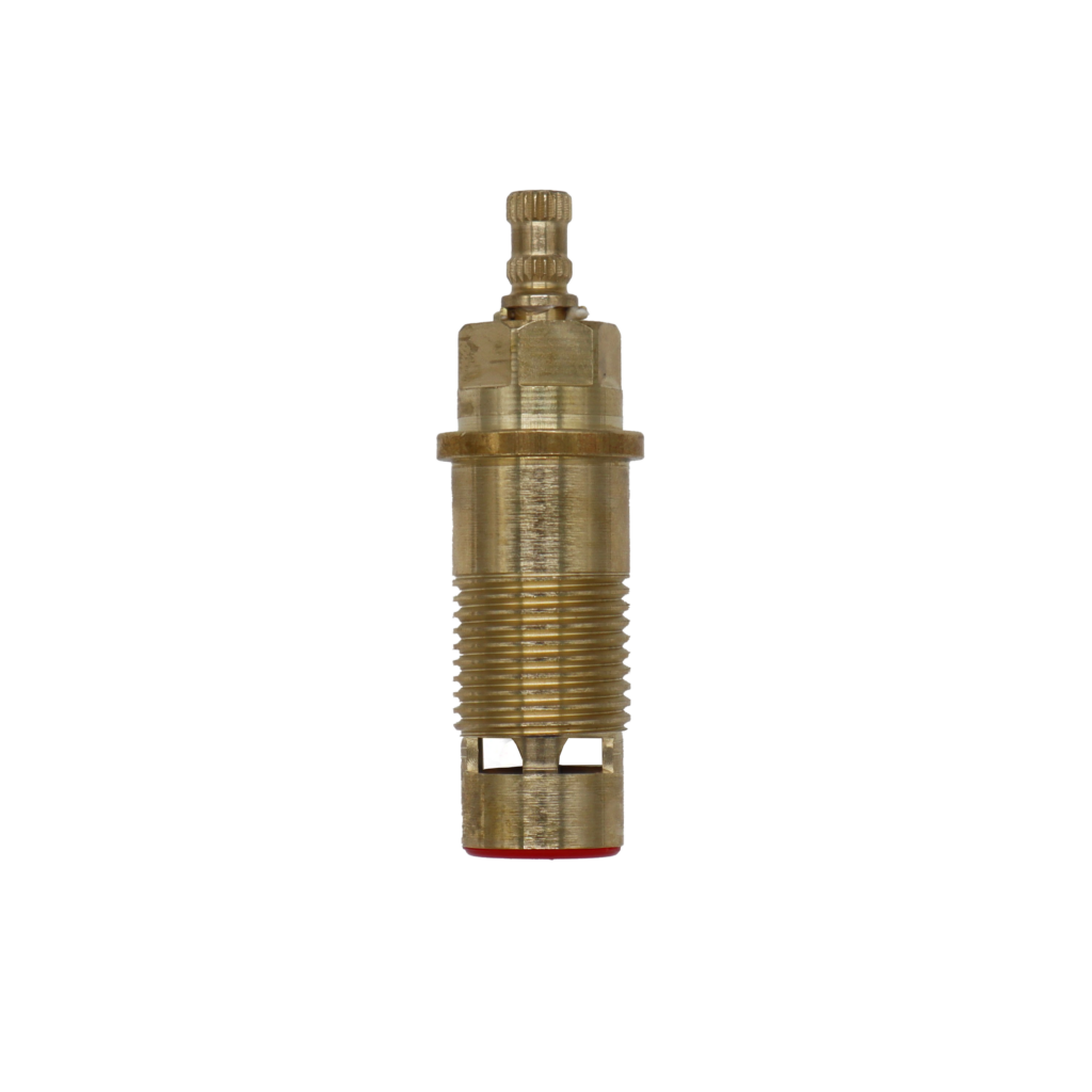Bright brass cartridge with white ceramic discs and red rubber gasket.
