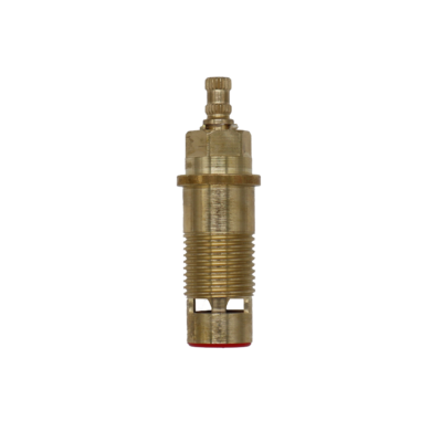 Bright brass cartridge with white ceramic discs and red rubber gasket.