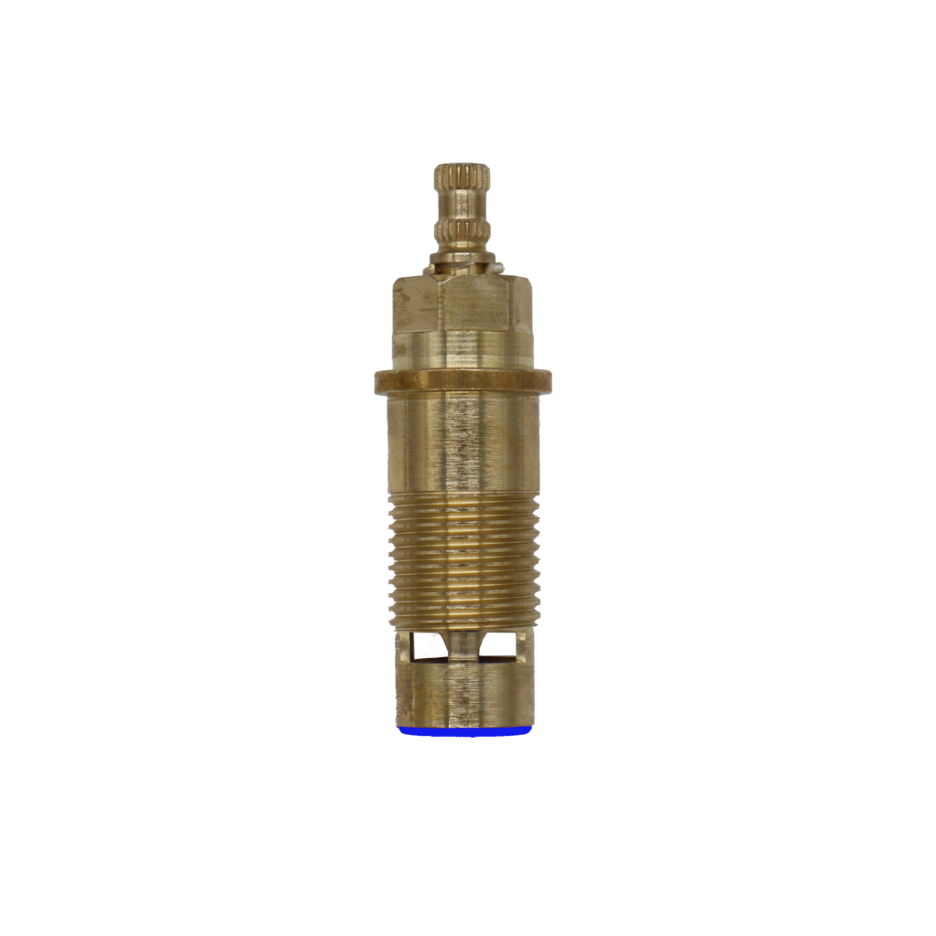 Bright brass cartridge with white ceramic discs and blue rubber seal.