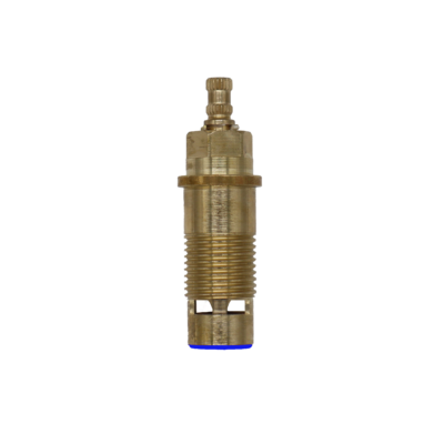 Bright brass cartridge with white ceramic discs and blue rubber seal.