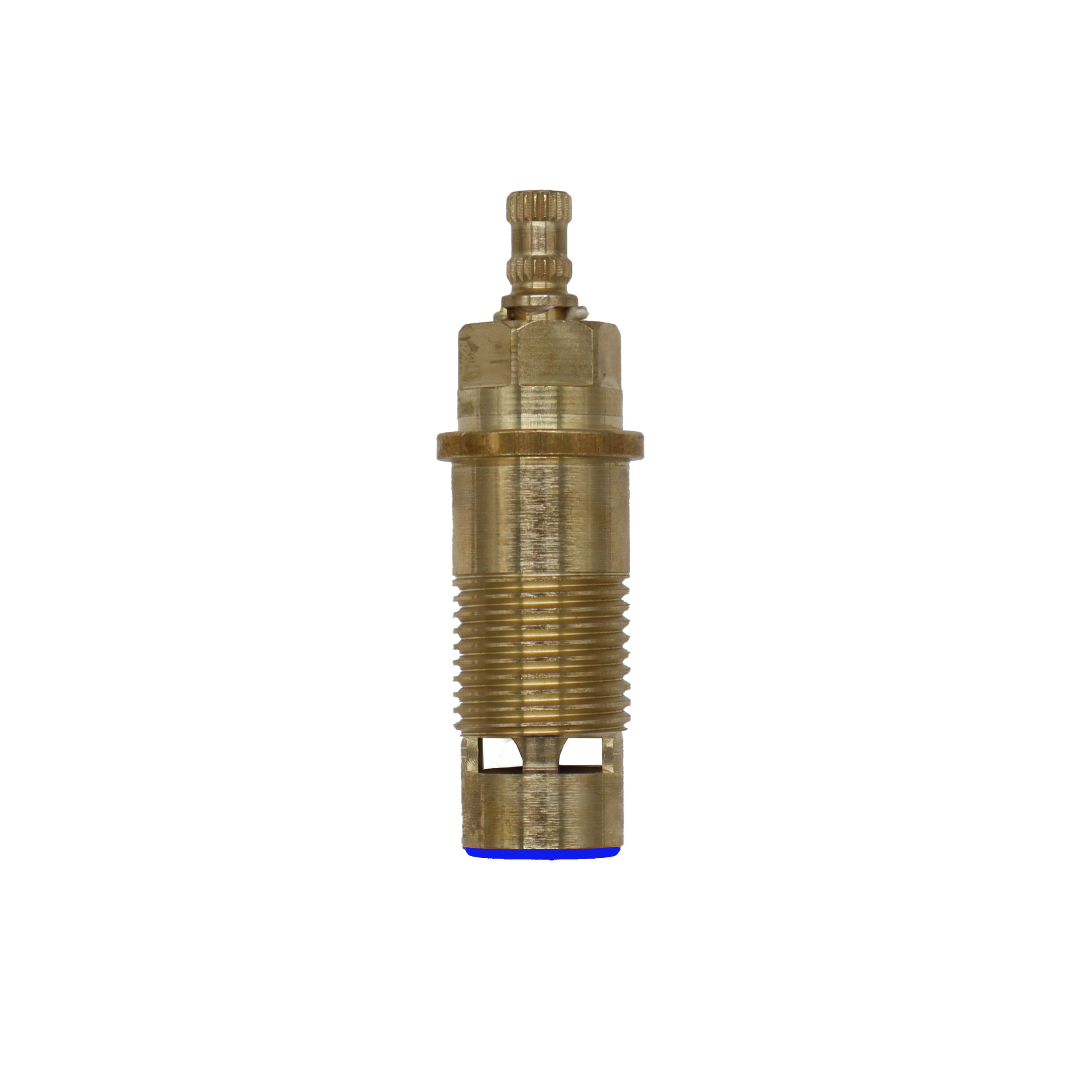 Bright brass cartridge with white ceramic discs and blue rubber seal.