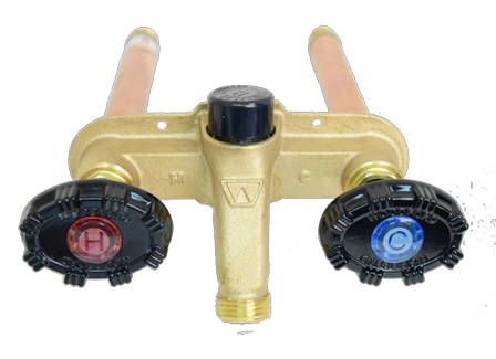 Brass hydrant faucet with black handles red and blue index buttons.
