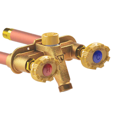 Brass hydrant faucet with tan handles red and blue index buttons.