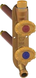 Brass hydrant faucet with tan handles red and blue index buttons.