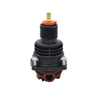 Black plastic cartridge with brass stem stainless screws and red rubber seals.
