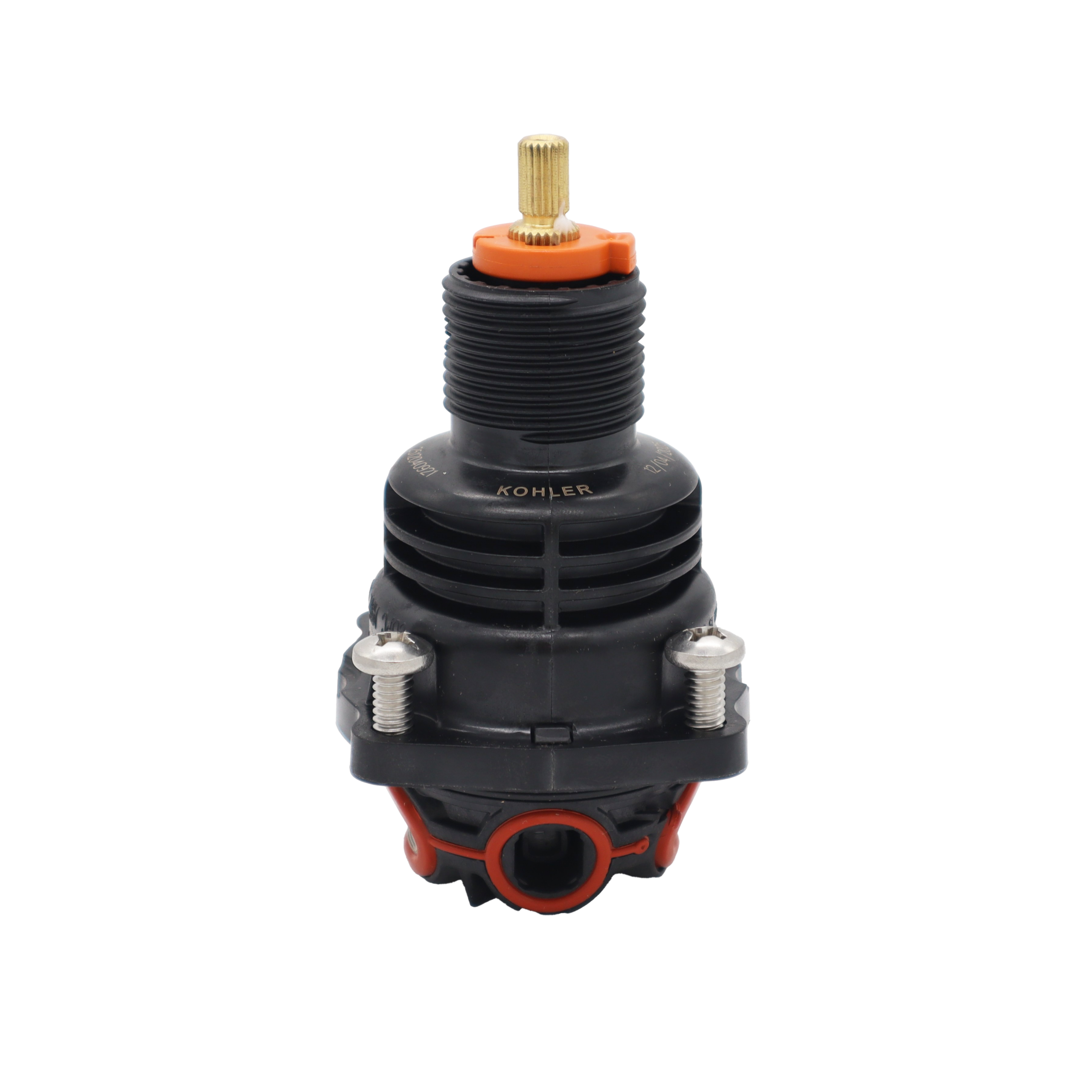 Black plastic cartridge with brass stem stainless screws and red rubber seals.