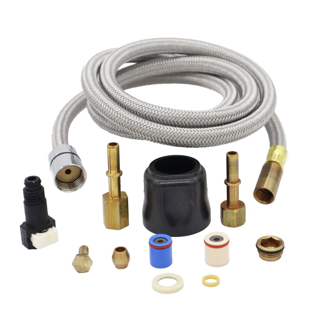 Braided stainless steel hose with brass and plastic fittings with rubber seals.