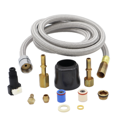 Braided stainless steel hose with brass and plastic fittings with rubber seals.