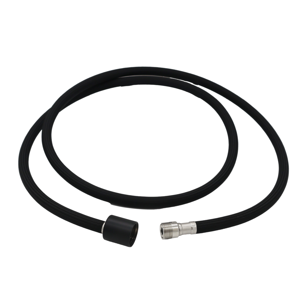 Black nylon hose with polished chrome faucet connection and matte black spray head connection.