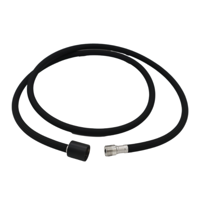 Black nylon hose with polished chrome faucet connection and matte black spray head connection.