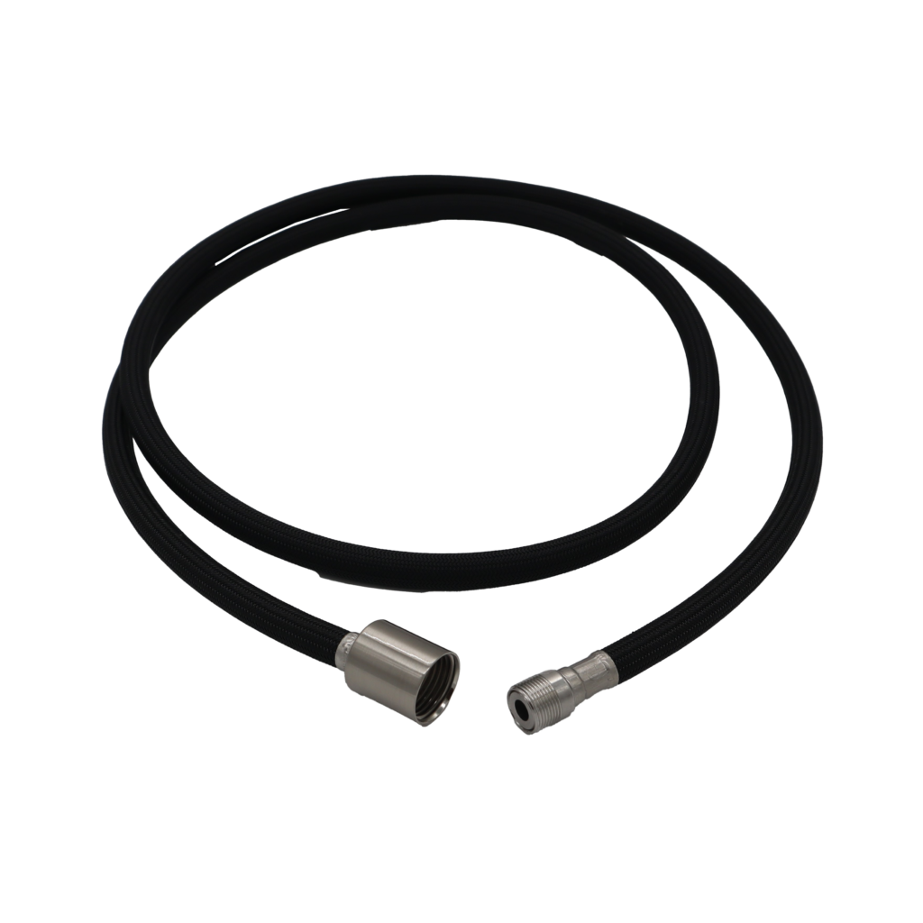 Black nylon hose with polished chrome faucet connection and brushed nickel spray head connection.