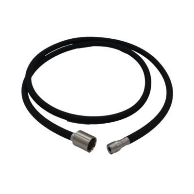 Black nylon hose with polished chrome faucet connection and brushed nickel spray head connection.