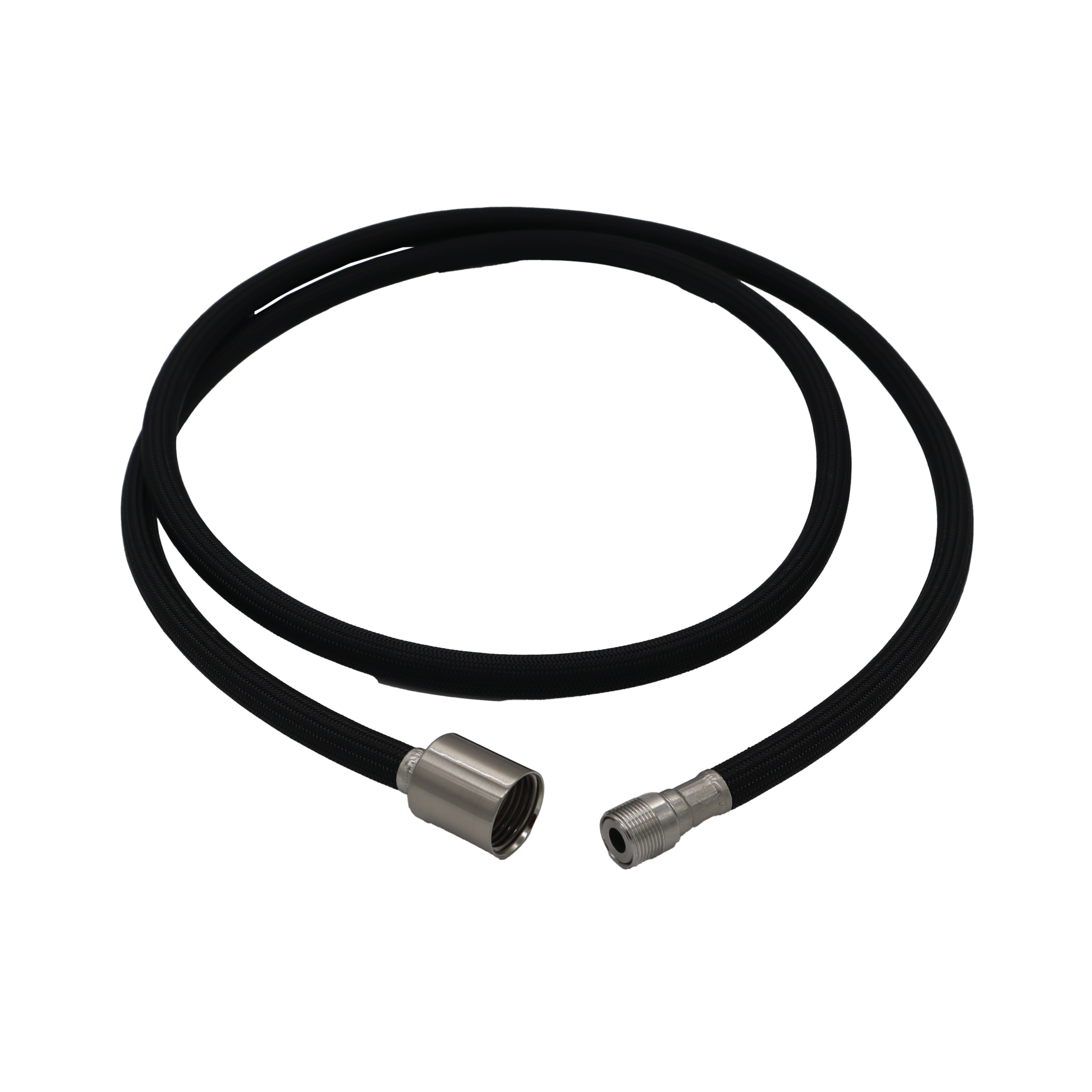 Black nylon hose with polished chrome faucet connection and brushed nickel spray head connection.