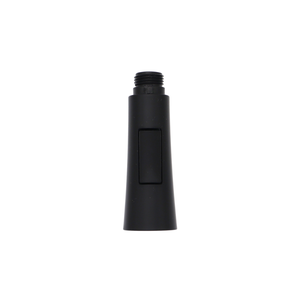 Matte black plastic sprayhead with balck rubber button black plastic house connection and black sprayface.