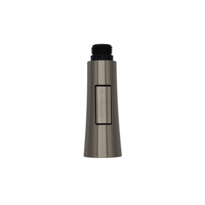 Brushed nickel spray head with black plastic hose connection.