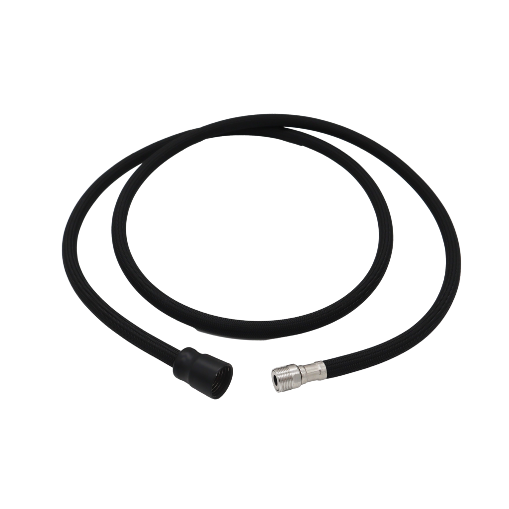 Black nylon hose with polished chrome faucet connection and matte black spray head connection.